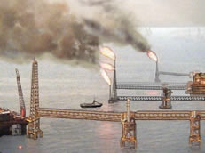 Drawing of Oil platform burning