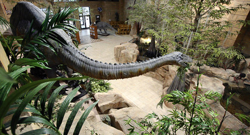 The Creation Museum lobby with 40-foot-long animatronic sauropod dinosaur