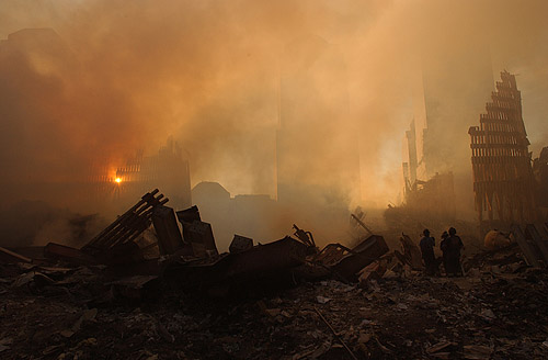 Sun streams over WTC wreckage (Photo by Andrea Booher/FEMA News
Photo, taken on 09-13-2001. As works of the U.S. federal government, all FEMA images are in the public domain.)