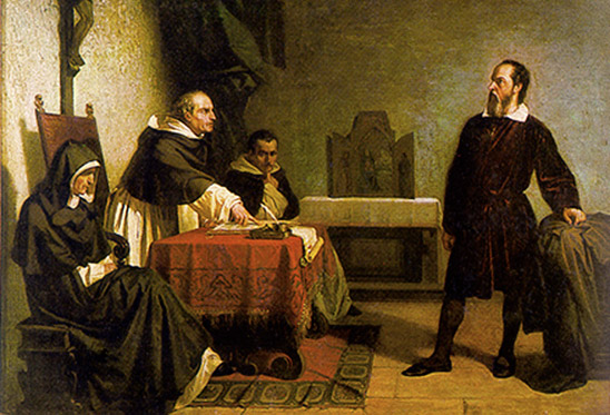 Galileo facing the Roman Inquisition, painting by Cristiano Banti (1857). This is a faithful photographic reproduction of an original two-dimensional work of art. This work is in the public domain in the United States, and those countries with a copyright.