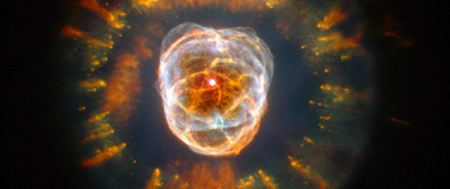 A majestic view of a
planetary nebula, the glowing remains of a dying, Sun-like star.