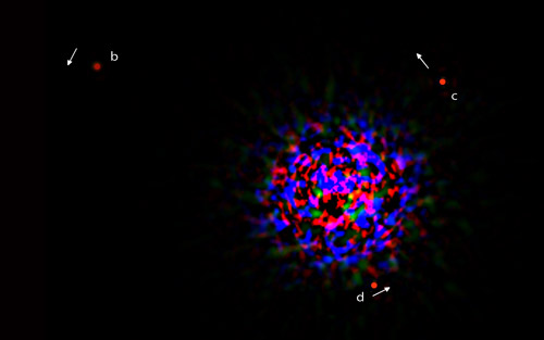 Figure 1: Three large planets (b, d, and c) around the star HR 8799. (Science. November 28th 2008. Volume 322, Page 1348.)