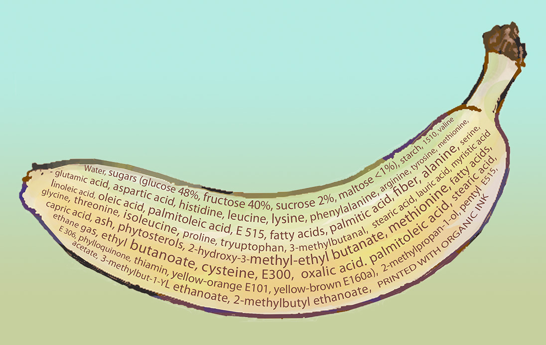 Banana with food labels (illustration by Pat Linse)