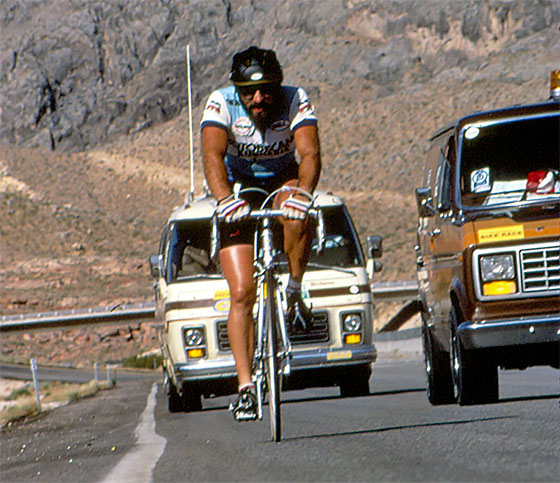 Michael Shermer in the 1984 Race Across America (RAAM), crossing from Arizona into Utah through the Virgin River Gorge