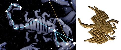 Figure 6: The Scorpius star asterism (far left) associated with the scorpion is compared to the carving of the scorpion found at Gobekli Tepe (left). We know constellations are symbols not necessarily based on matching patterns, as can be seen from the lack of correlation between either scorpion and the asterism. This shows the tenuous foundation of the Sweatman and Tsikritsis argument. (Image on the far left from the Stellarium astronomical computer program.)