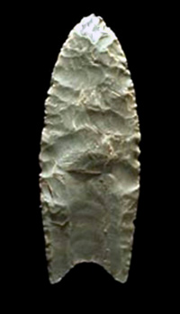 Figure 9: A typical Clovis projectile point. (Image courtesy of the Virginia Dept. of Historic Resources, via Wikimedia Commons