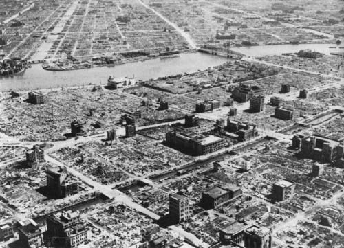 On the night of March 9-10, 1945, 279 B-29s dropped 1,665 tons of bombs on Tokyo, leveling 15.8 square miles of the city, killing 88,000 people, injuring another 41,000, and leaving another million homeless. This is the result. (https://commons.wikimedia.org/wiki/File:Tokyo_1945-3-10-1.jpg)