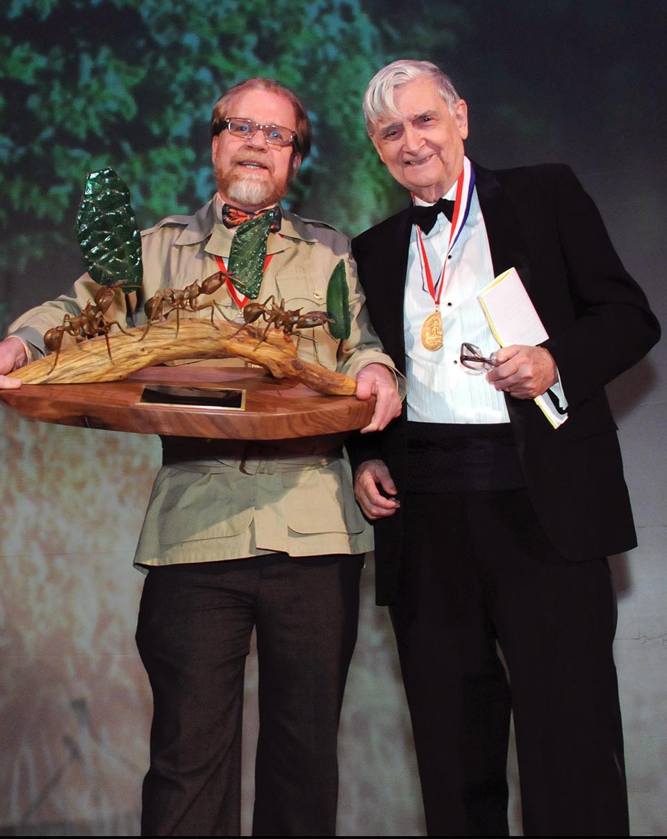 During a 2009 ceremony honoring Edward O. Wilson at the annual Explorers Club dinner, Mark Moffett (left) presents Dr. Wilson with a sculpture by the artist Gary Staab of three leafcutter ants, which was based on a photograph taken by Moffett. (Photo by Craig Chesek Copyright The Explorers Club)