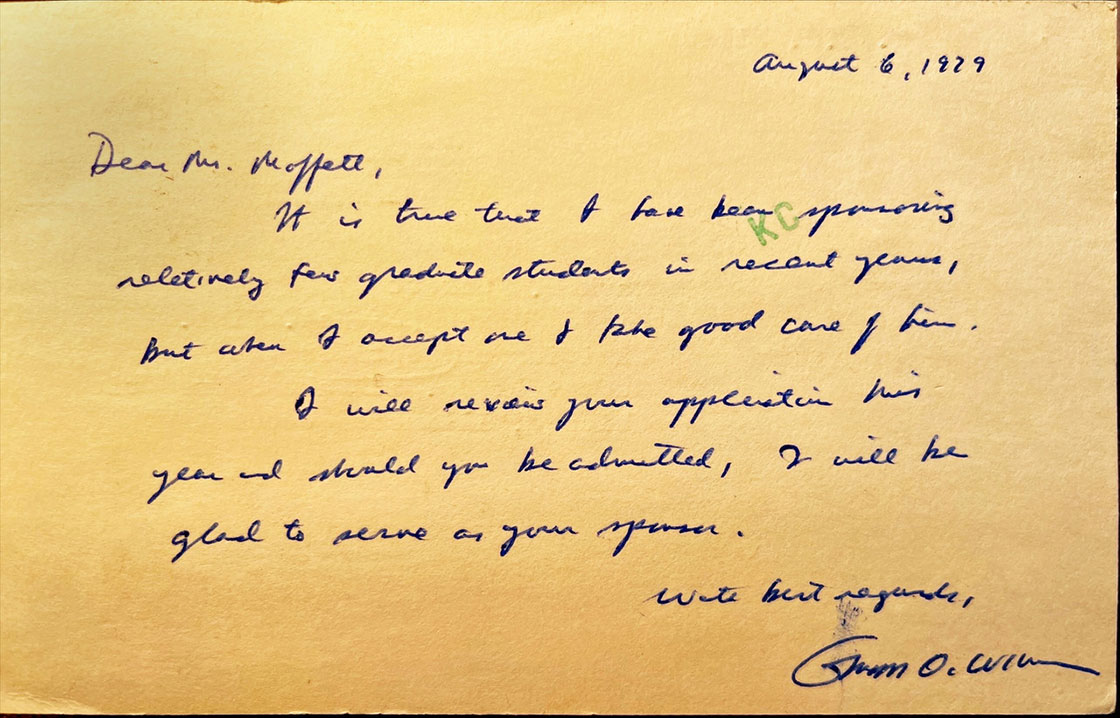 Edward O. Wilson’s first note mailed to the author, Mark Moffett, in 1979, when Mark was a college undergraduate in Wisconsin.