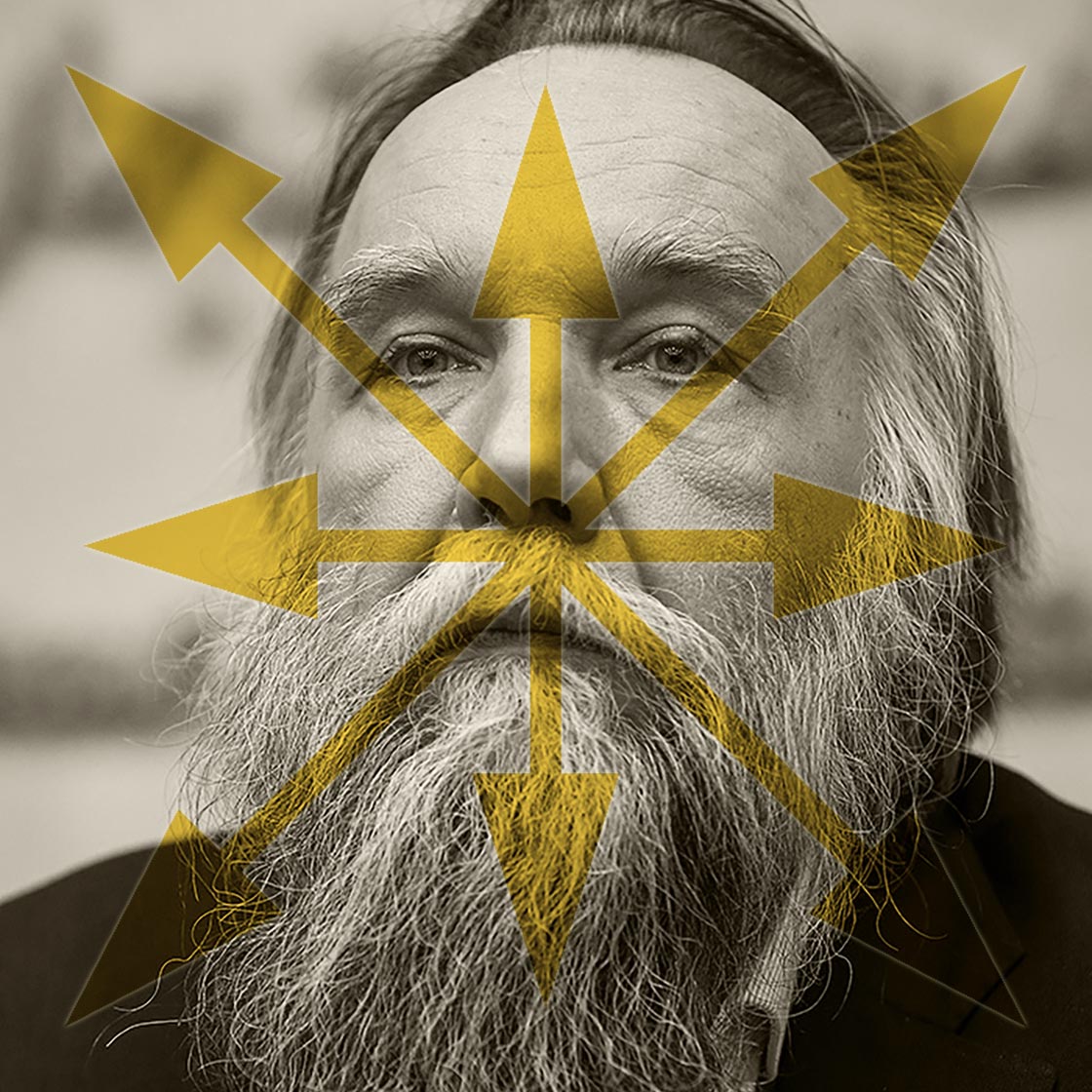 Alexander Dugin with Eurasian Party symbol overlay