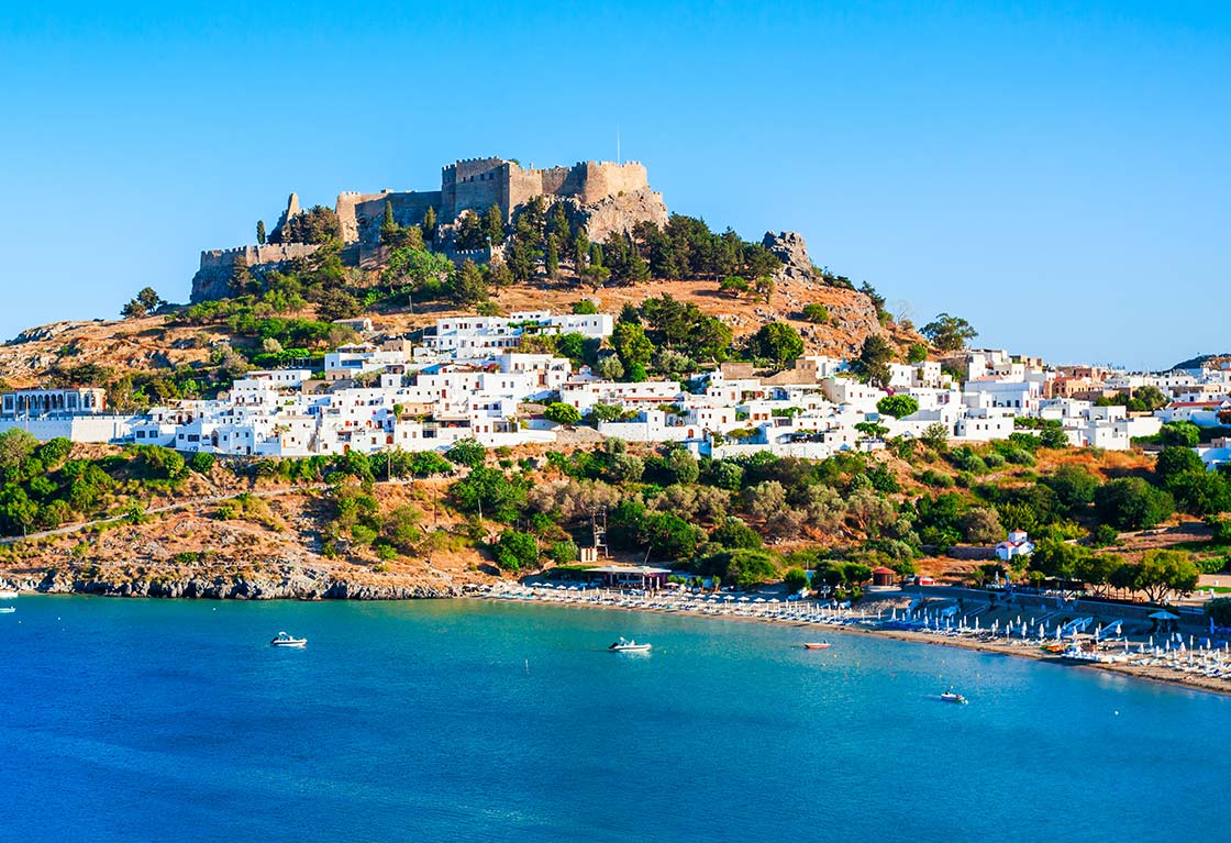The village of Lindos on Rhodes, laid below its acropolis