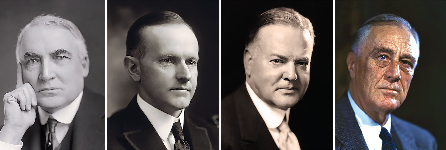 Left to right: Warren G. Harding, Calvin Coolidge, Herbert Hoover, and Franklin D. Roosevelt