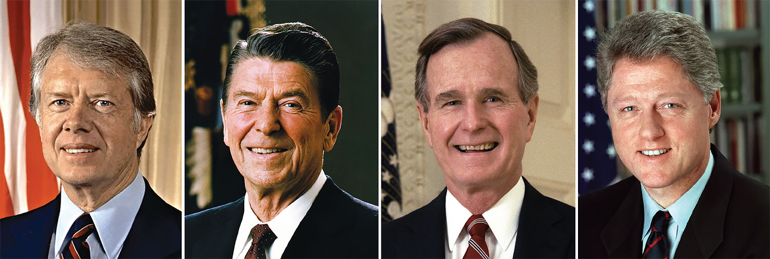 Left to right: Jimmy Carter, Ronald Reagan, George H.W. Bush, and Bill Clint