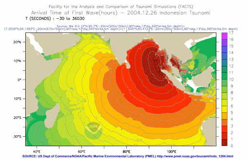 Map showing travel times (in hours) that the tsunami took as it crossed the Indian Ocean. (Courtesy NOAA).